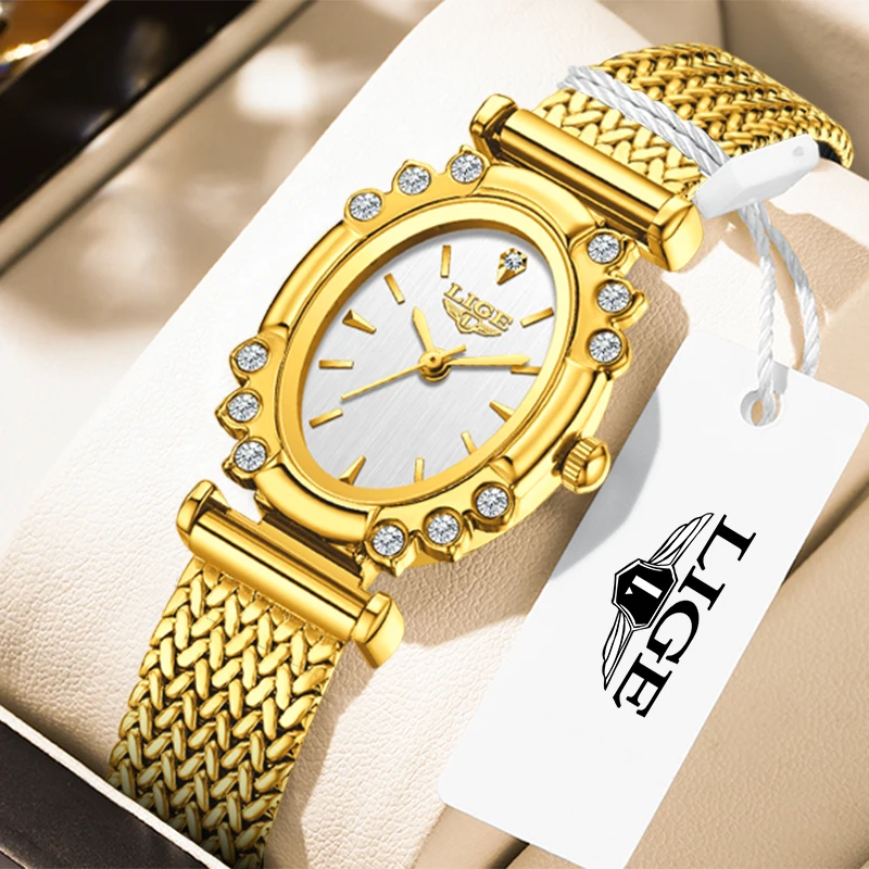 

LIGE 2025 женские часы с бриллиантами, элегантные модные кварцевые наручные часы, водонепроницаемые часы 30 м с сетчатым ремешком, женские подарки Reloj Mujer