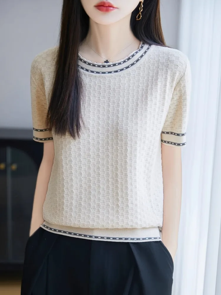 قميص نسائي قطني مريح وفضفاض بأكمام قصيرة وياقة مستديرة مع تصميم مفرغ من القطن الخالص #4