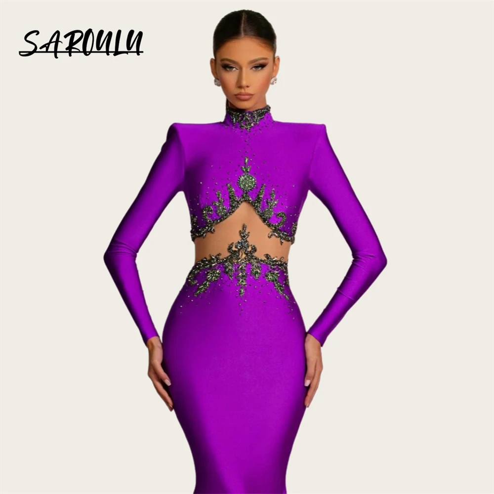 Elegant Beaded Satin Formal Occasion Dress For Women 2024 High Neck Long Sleeves Mermaid Evening Dresses Sexy Prom Party Gown