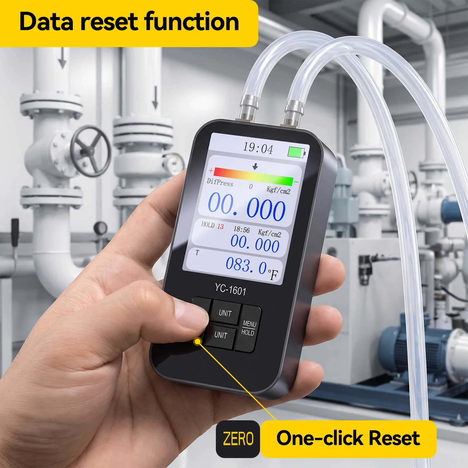 YC-1601 Digital Manometer ±40kPa Dual Port Gas Differential Pressure Tester 12 Units Rechargeable Type-C HVAC Pressure Gauge