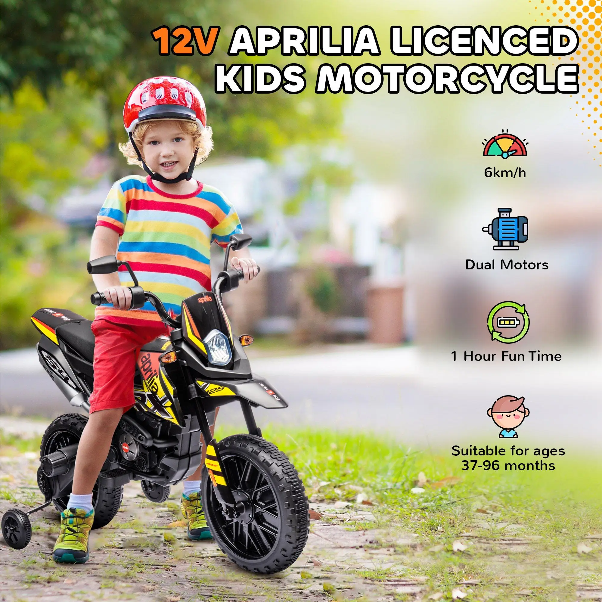 Motocicleta infantil Qaba de 12 V, motocicleta eléctrica con licencia Aprilia para niños con ruedas de entrenamiento, suspensión de resorte, luz LED, USB,