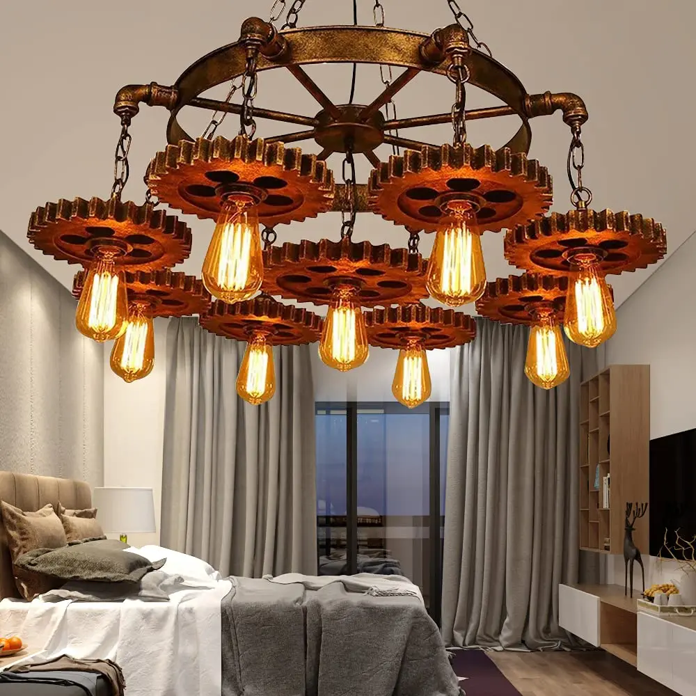 Lampadario industriale, lampada a sospensione rustica in stile Steampunk vintage a 9 luci, apparecchio di illuminazione a sospensione a soffitto in metallo per Resta