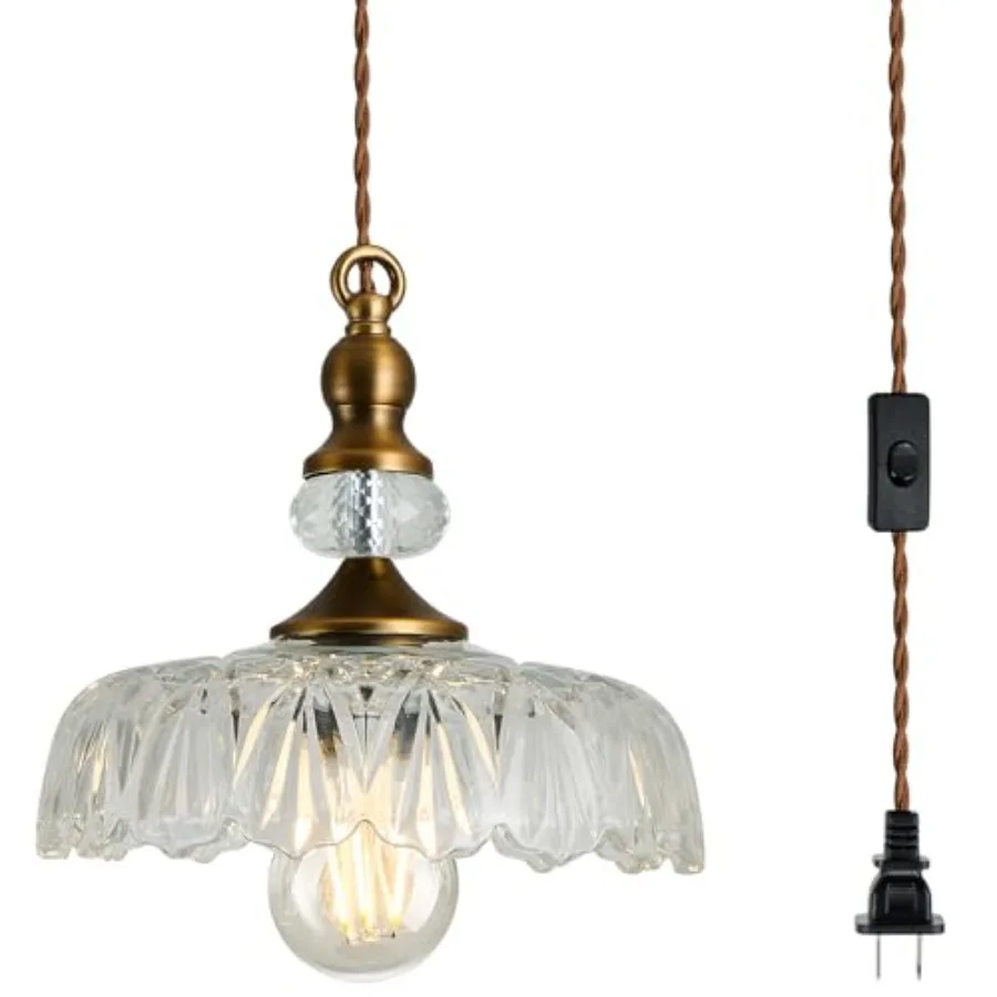 

Plug in Glass Pendant Light Fixture Brass Vintage Adjustable Chandelier Brushed Gold Hanging Ceiling Light for Farmhouse Hallwa