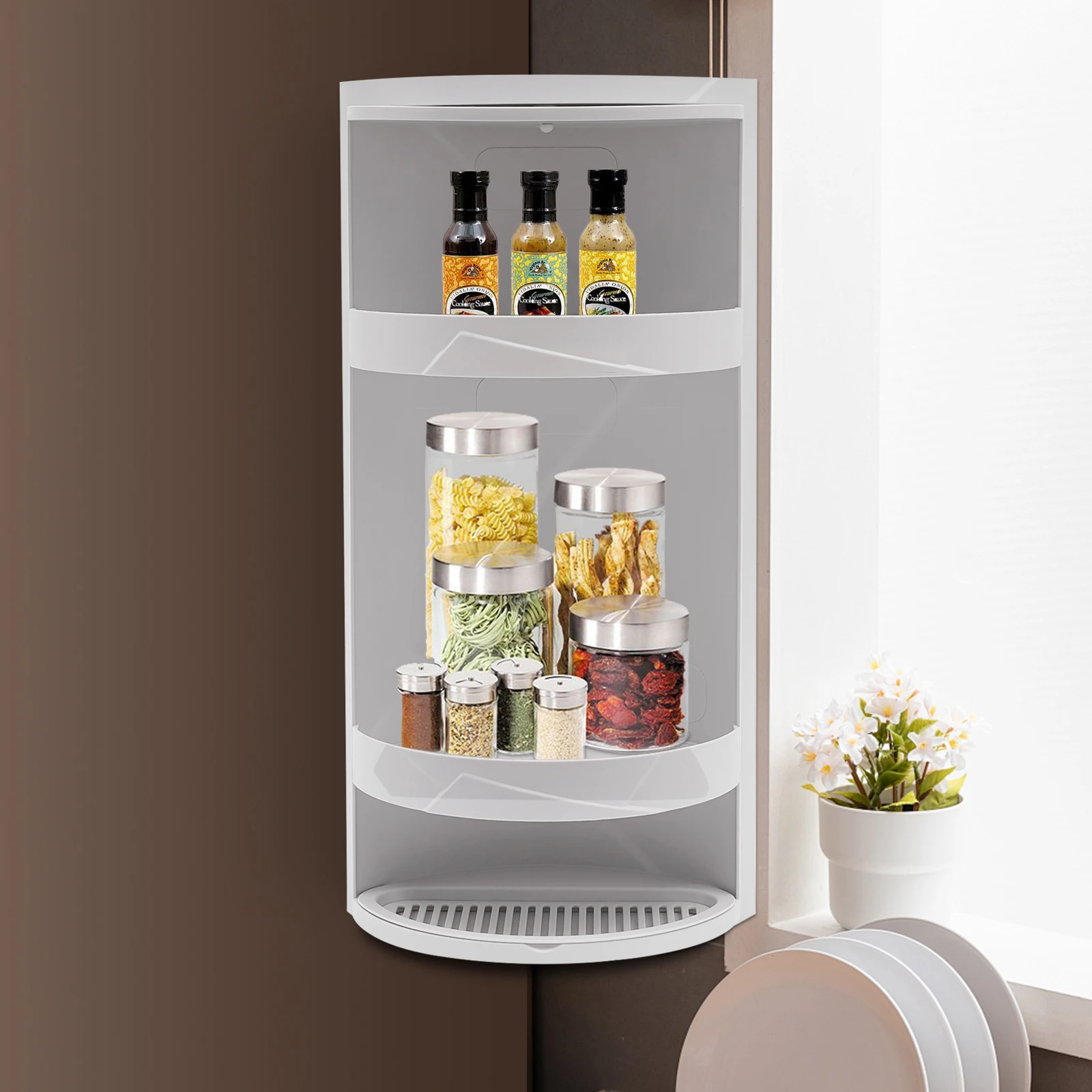 

Modern 3-Tier Desk Organizer with Rotating Door, Water Tray, and Fan-Shaped Top, Perfect for Organizing Office Supplies and
