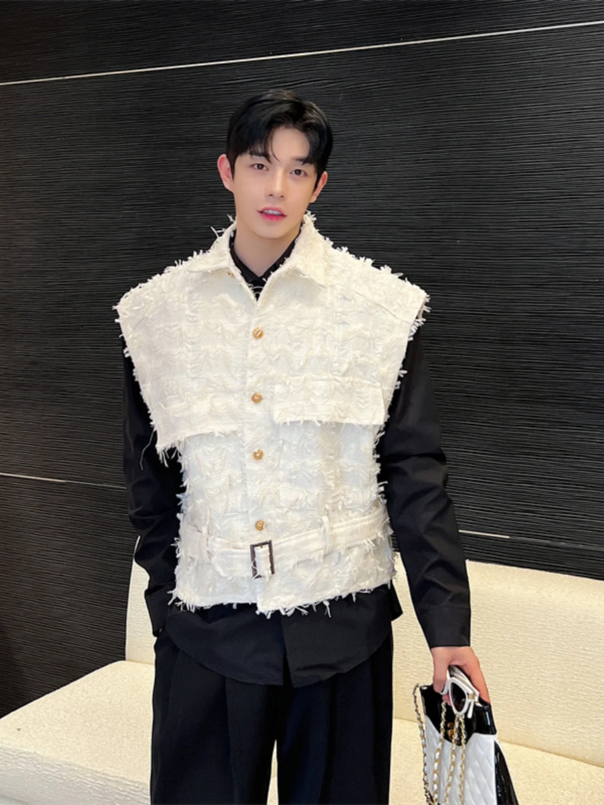 

Корейский жилет с бахромой и открытыми плечами в уличном стиле, сексуальный, в стиле Little Franche, однотонный, с отложным воротником