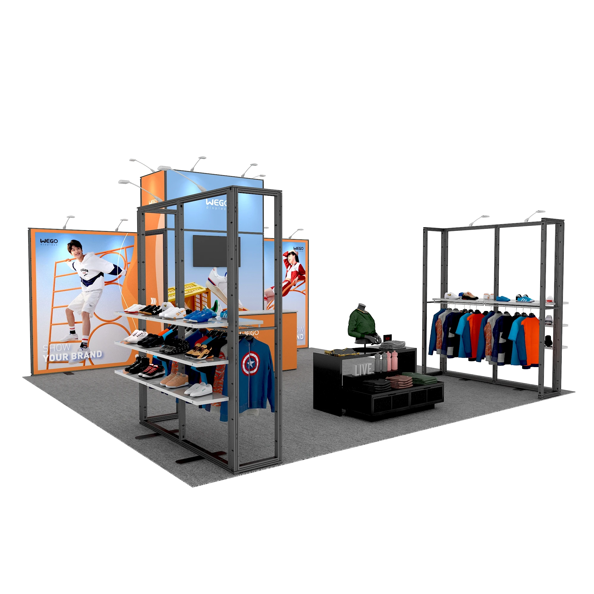 Cabina espositiva modulare 20x20 Supporto per cabina grande 6x6 Espositore per stand per negozi di abbigliamento
