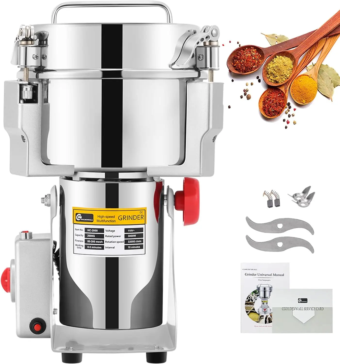 Cgoldenwall 2500G Commercial Spice Grinder Electric Grain Grinder Mill Grinder Grinding Machine For Various Grains Spice Grain