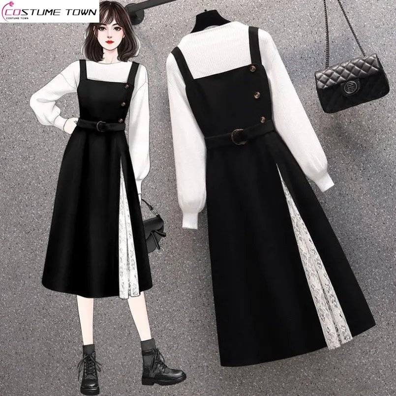 2023 Spring/Summer New Large Women\'s Dress Fashionable Slim and Age Reducing Knitted Sweater with Strap Skirt Two Piece Set