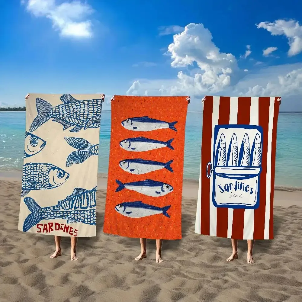 Plus Size Sardines Beach Towel Large Vintage Fish Bath Towel Quick Dry Sand Free Swimming Pool Travel Blanket Summer Vacation