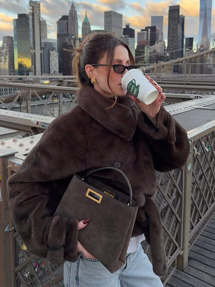 

Kpop Lace Up Faux Fur Jacket Women Chic Stand Collar Double Breasted Short Warm Jackets Lady Winter Daily Commute Outerwears