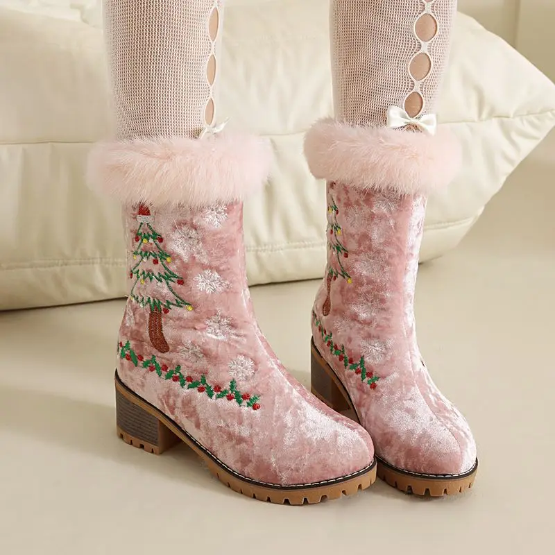 

SIMLOVEYO 2025 New Fashion Slip On Embroider Gift Christmas Xmas Shoes 43 Winter Snow Boots PLush Fur Chunky Heels 5cm Warm Hot