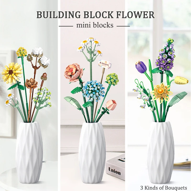 Flower Building Blocks DIY Plant Bonsai Decoration Rose Chrysanthemum Tulip Bouquet Model Assembled Toys Children's Holiday Gift