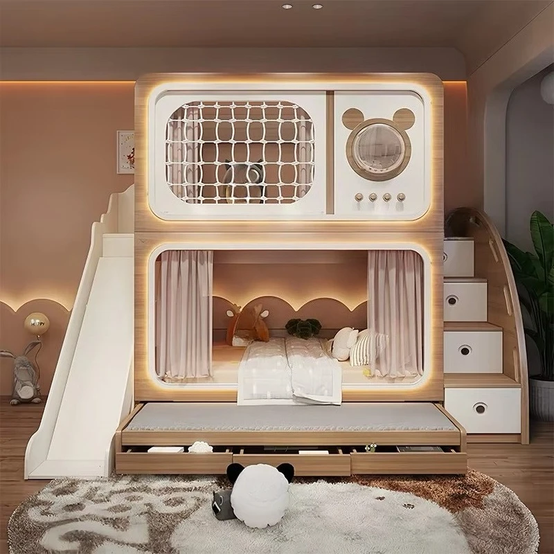 

Log-colored Kids Bunk Bed, Twin-over-Twin Bed for Small Spaces, Parent-child Bunk Bed for Children