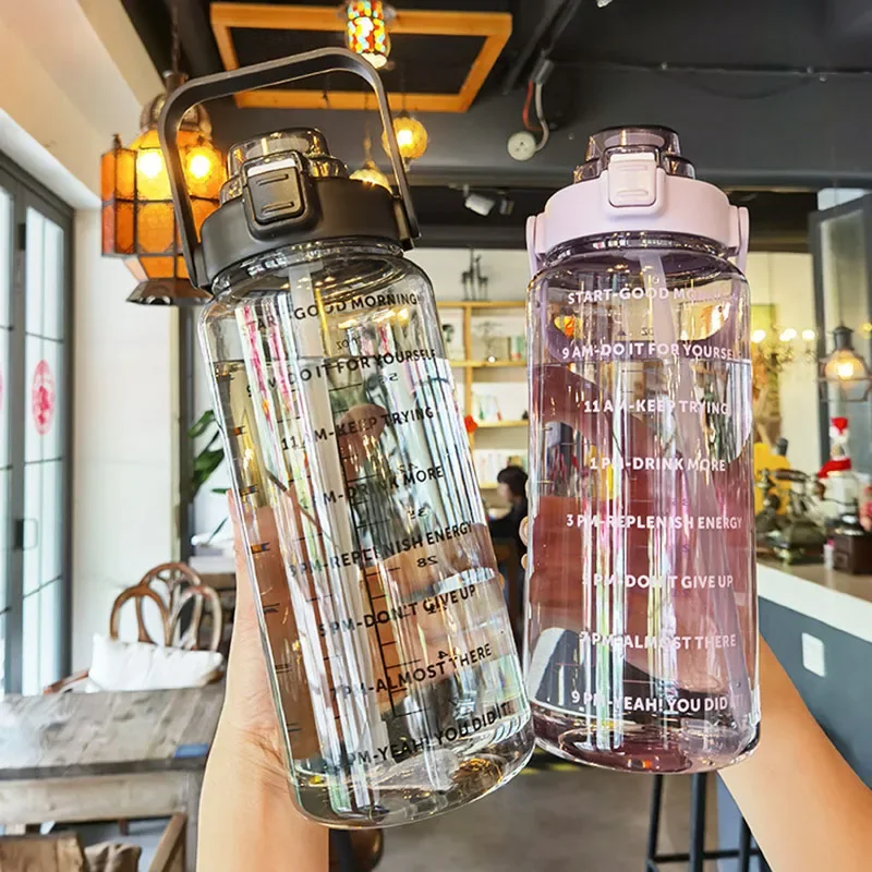2 Liters Portable Sports Water Bottle With Straw, Large‑Capacity Plastic Travel Tumbler for Fitness Outdoor Adult Daily Drinking