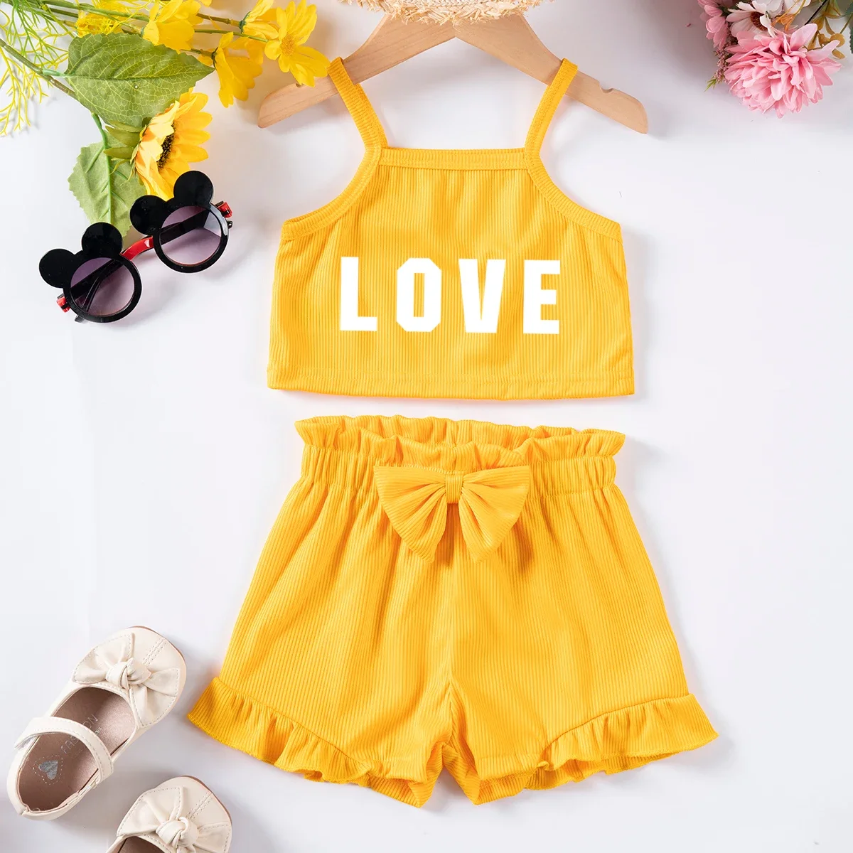 Baby Girl Alphabet Printed Set LOVE Printed Camisole Top + Solid Color Ruffle Shorts Set Cute Baby Clothing 0-24M