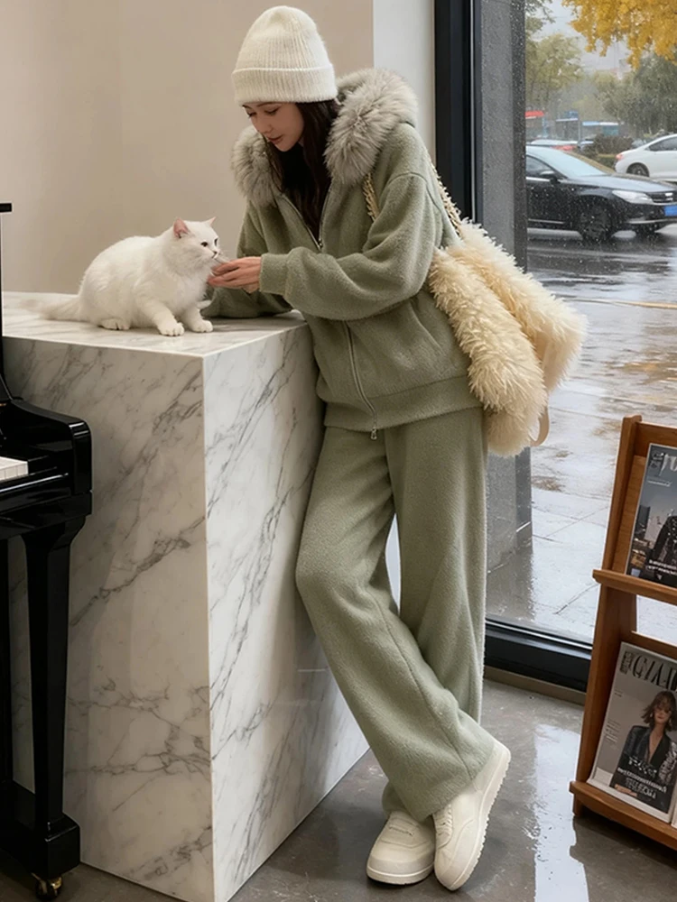 Modny, wyszczuplający damski komplet z dużym futrzanym kołnierzem, casualowy modny sweter, kurtka, szerokie nogawki, dwuczęściowy zestaw zimowy.