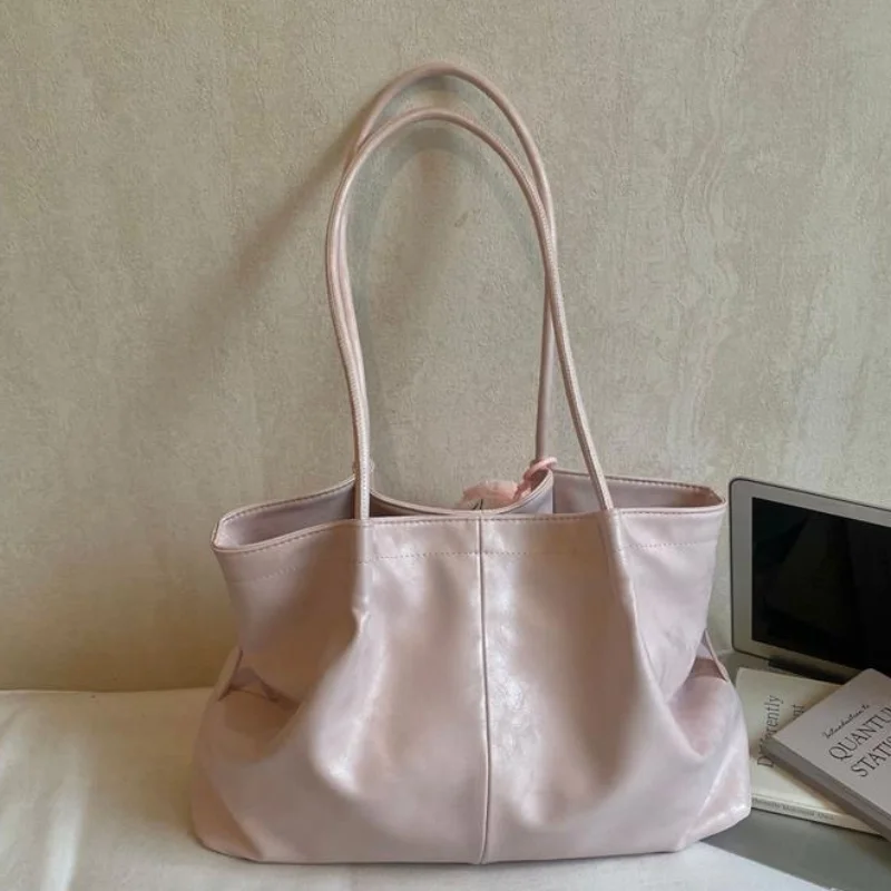 Soft Leather Tote Bag Large Capacity Solid Color Casual Shoulder Bag Minimalist Design For Work Women Lightweight Commut Handbag
