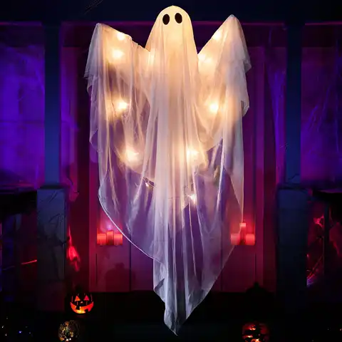 47inch Halloween Decorations Outdoor Hanging Ghost, Light up White Ghosts with Spooky Warm White LED Light, Halloween Outdoor Yard Porch Decorations, Haunted House Decorations