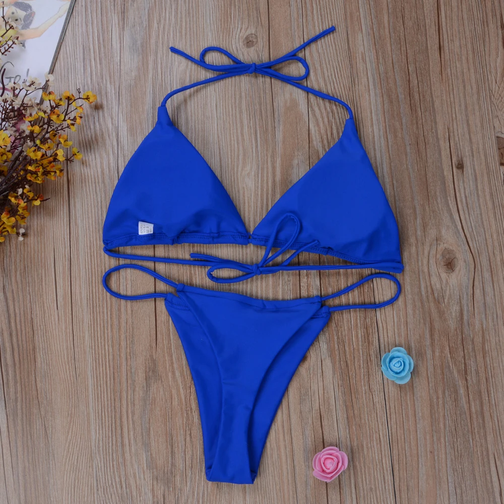 Celana dalam wanita, seksi ultra-tipis elastis Set Bikini mulus dasi samping padat bernapas gaya perban pakaian renang Brasil