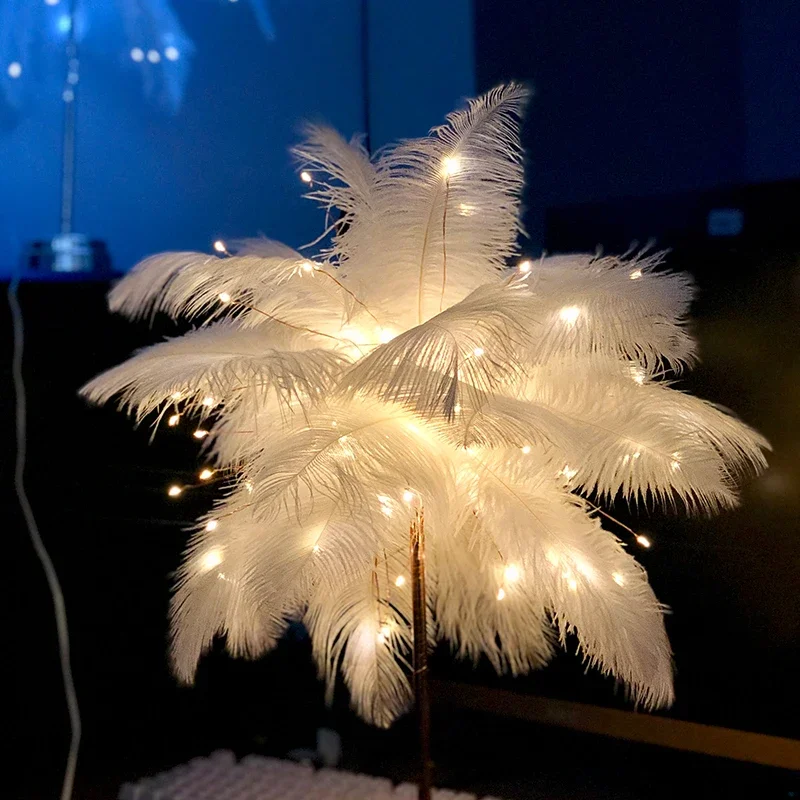 

Creative Feather Table Lamp Warm White Light Tree Feather Lampshade Girl LED Wedding Decorative Lights Birthday Gift Home Decor