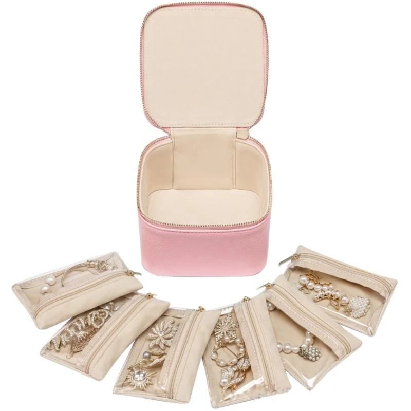 Portable Jewelry Storage Box Zipper Velvet PU Earrings Necklace Storage Box with 6 Pouch pendant Rings Jewelry bag Solid Color