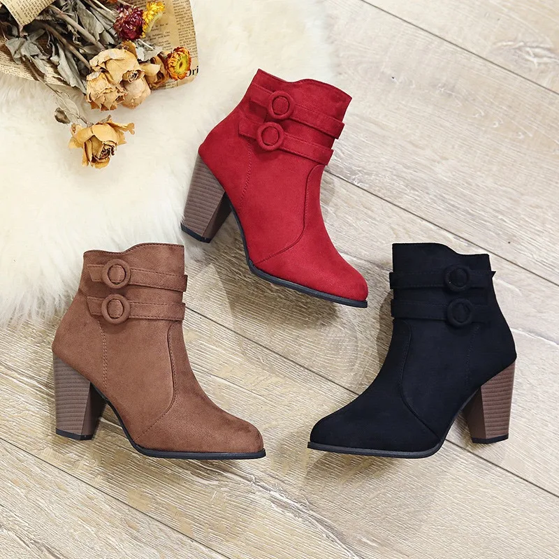 

Women Ankle Boots Retro Suede Casual Boots Pointe Designe High Heeled Boots for Women Thick Heel Platform Short Boot Botas Mujer