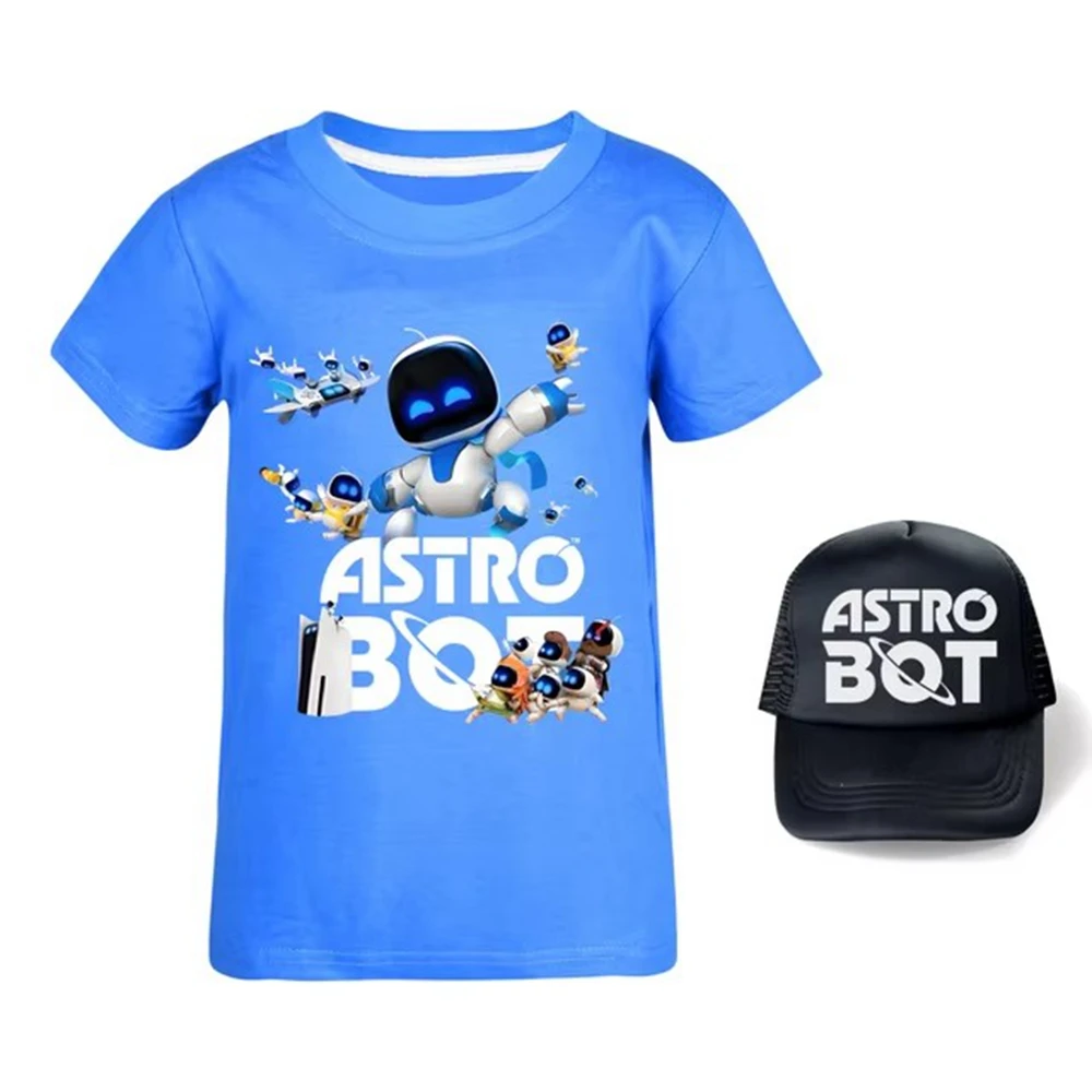 Game Astro Bot Teenager Boys Cartoon ASTROBOT Shirts Kids Cotton Short Sleeve Tops & Sunhat Cap Suit Baby Girls Fashion Clothing