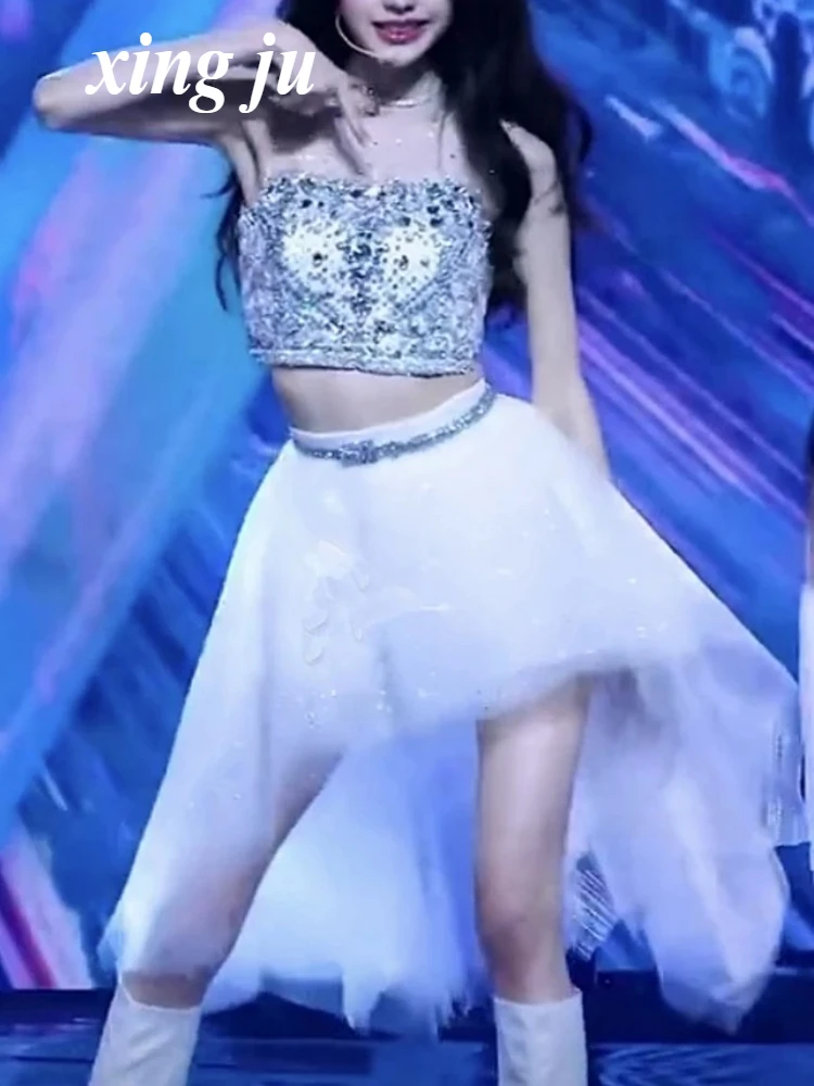 Kpop الكورية المغني الجاز ملابس الرقص المرأة مثير شبكة بلوزات من الدانتيل الحفل مثير الأبيض منظور تنورة ملهى ليلي DJ المرحلة زي #2