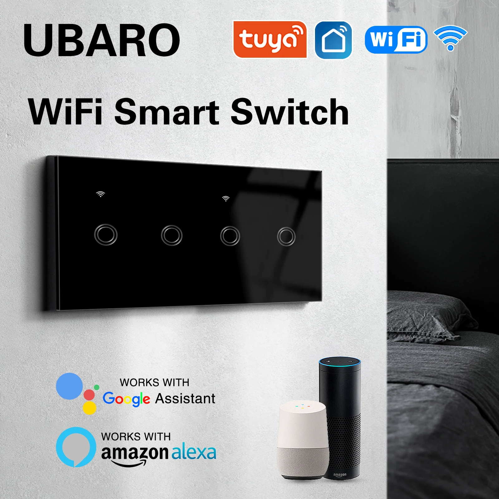 

UBARO Tuya Wifi Smart Switch 157*86mm Tempered Glass Panel Work With Google Home Alexa Alice Voice App Remote Timing 220V 10A