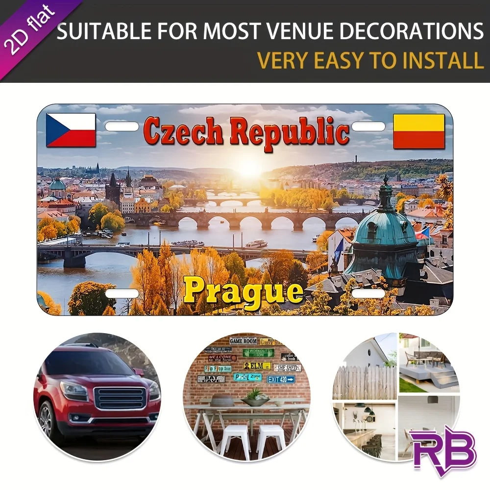 Czech Republic Prague Aluminum Painting, Charles Bridge Cityscape, License Plate Style Metal Tin Sign Wall Decoration, Suitable for Home Bar Decor