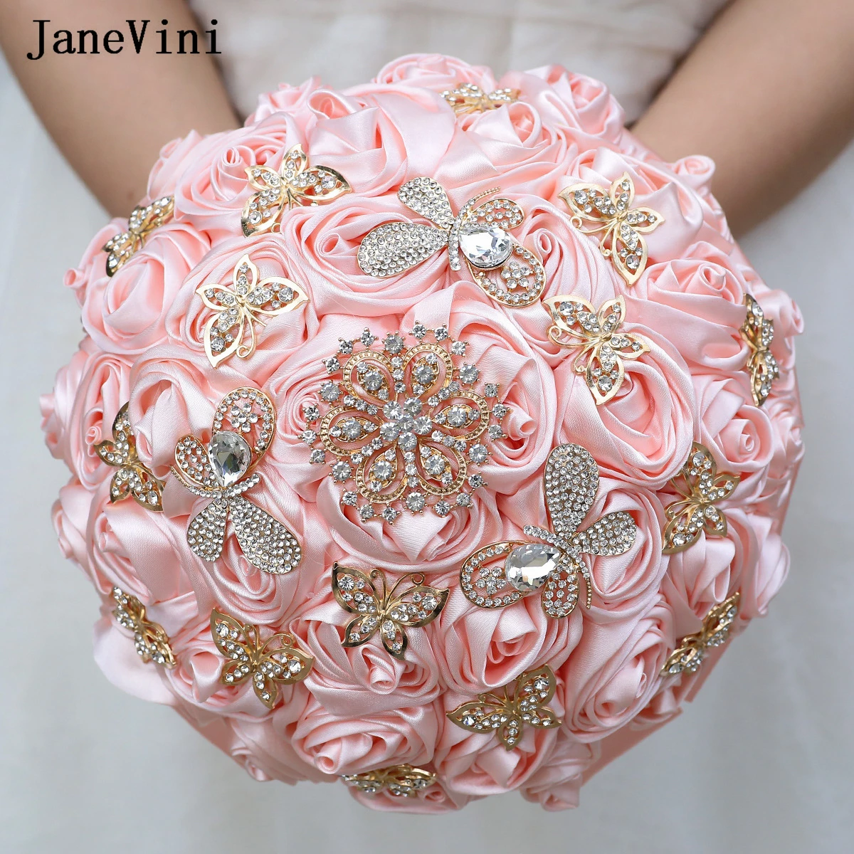 

JaneVini Sparkly Rhinestones Jewelry Bridal Brooch Bouquets Artificial Satin Roses Bride Fake Flower Bouquet Wedding Accessories