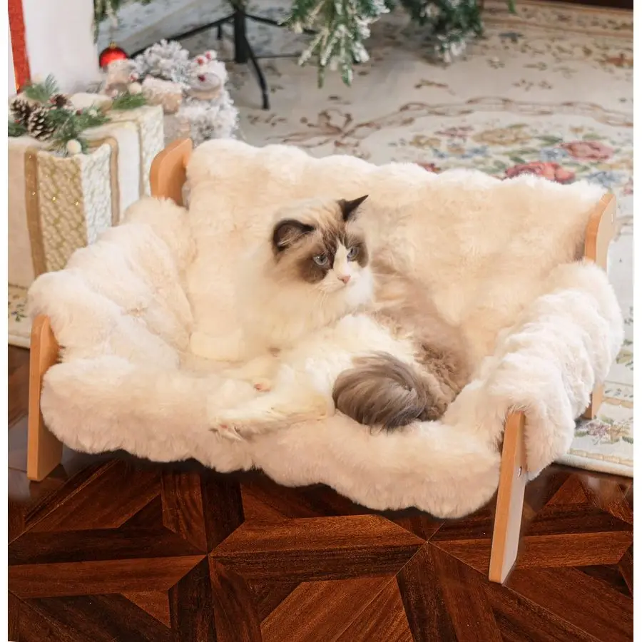 

Elevated Cat Couch Bed for Indoor Cats, Wooden Cat Sofa with Removable Washable Fluffy Cover Raised Kitty Lounge Chair Suitable