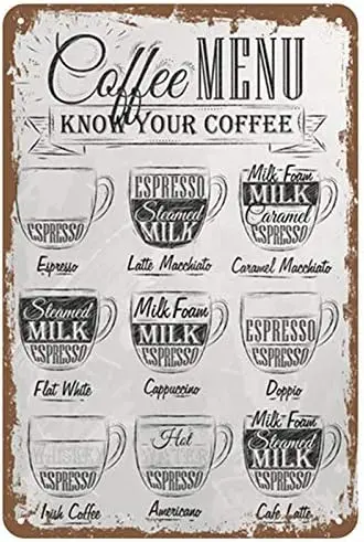 Retro Vintage Coffee Menu Know Your Coffee Home Bar Pub Kitchen Restaurant Wall Deocr Plaque Signs 12x8inch sign