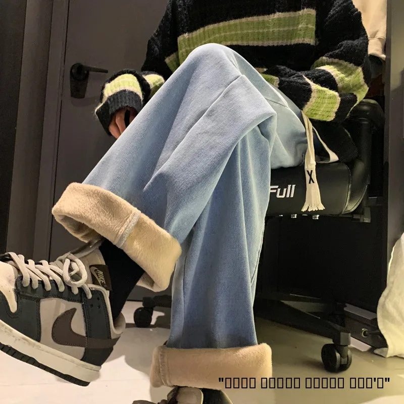 

Мужские джинсы в стиле ретро, американские, зимние, утепленные, широкие, прямого кроя, модные, брендовые, стильные, для подростков