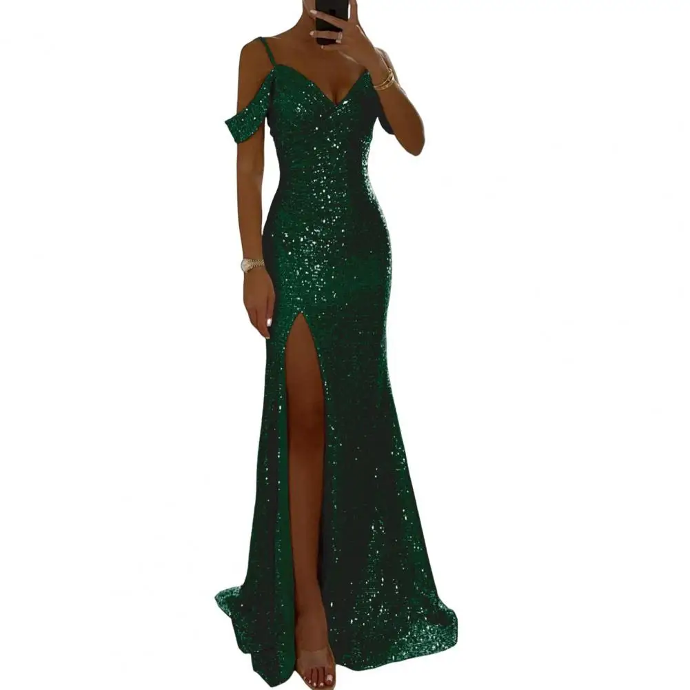 Women Sequin Suspender Dress Long Dress Elegant Sequin Ball Gown for Prom Wedding Parties Off Shoulder V Neck Maxi for Banquets