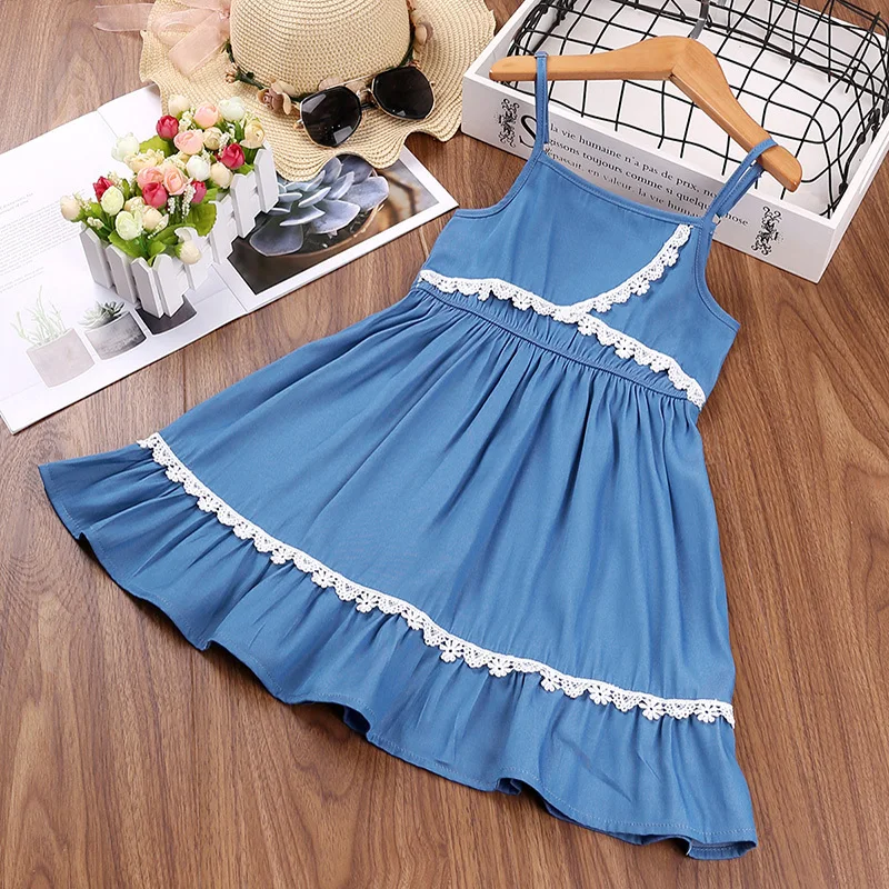 Girl Summer New Blue Lace Halter Dress Cute Vacation Daily Casual Fashion For 2-6Ys Kids Preppy Pastoral Style Outifit