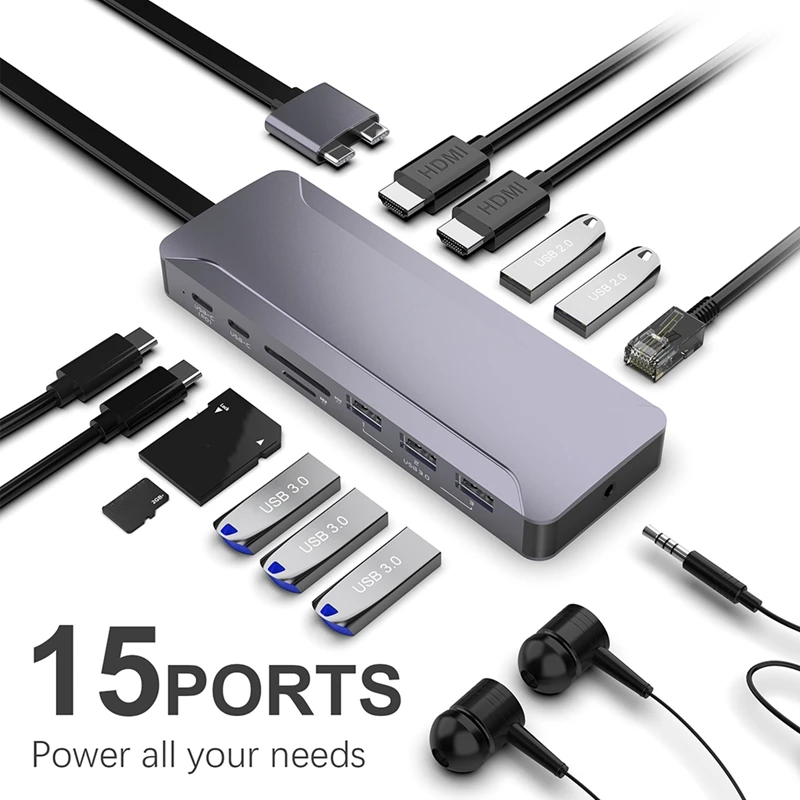 USB C Hub, 13-in-1 USB C Dockingstation mit Ethernet 4K USB C Hub Adapter Dual Typ C Hub für Mac Pro und Typ C Laptop