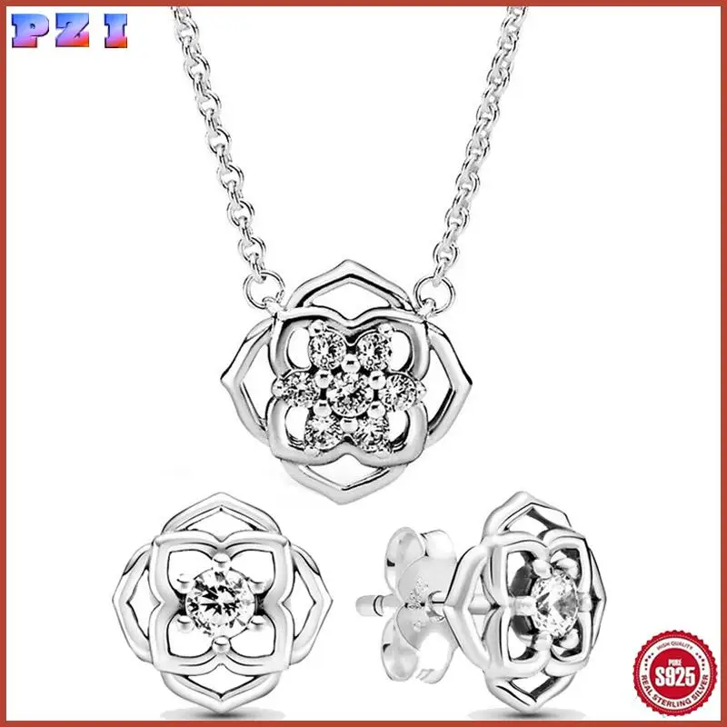 

Authentic 925 Sterling Silver Rose Petals Earring Necklace With Crystal Fit Europe Bracelet Jewelry Set Gift