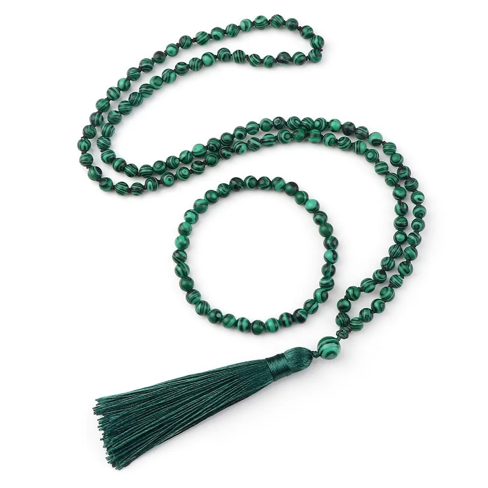 Tassel knot style creative feature green stone bead necklace woven layered wrapped bracelet devoutly believing in prayer beads