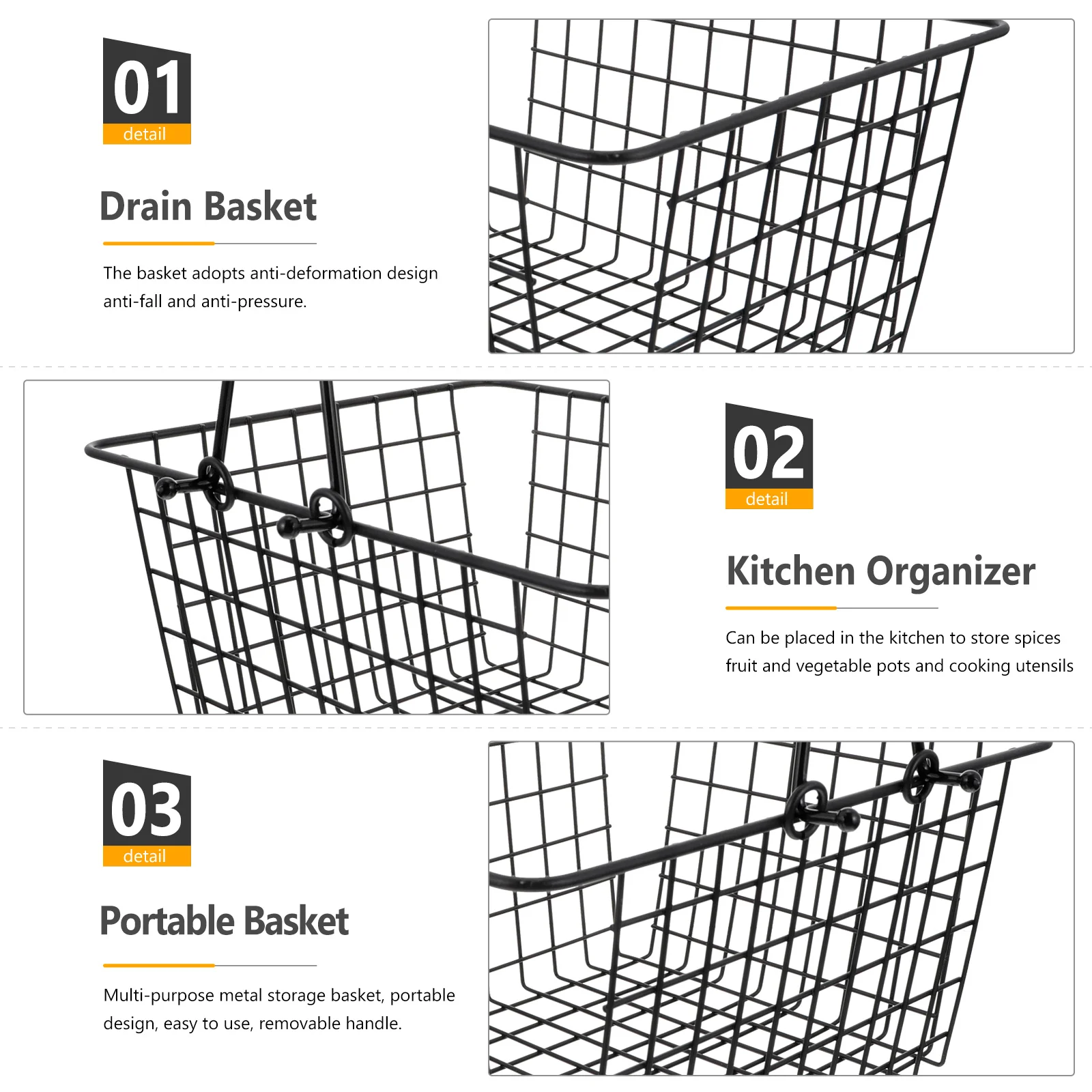 

1Pcs Handheld Metal Drain Basket Black Portable Kitchen Organizer Fruit Vegetable Storage Multipurpose Basket Rust Resistant