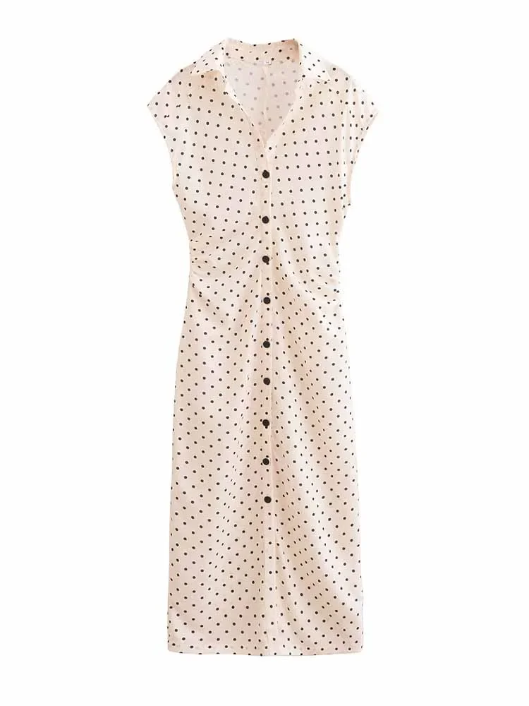 

Women's 2024 new fashion slim linen blend polka dot printed pleated midi dress retro sleeveless button up women's dress Mujer