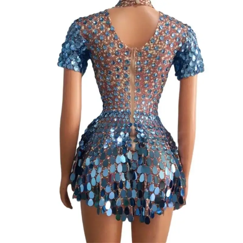 

652F Sequined Performances Dress Short Sleeve Round Neck Mini Bodycon Dress for Professional Dancers and Party Goers