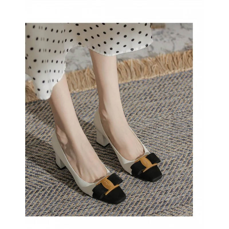 2026 Square Toe High Heel Pumps for Women, Office Work Shoes with Metal Buckle, Two-Tone Low-Cut Summer Dress Shoes