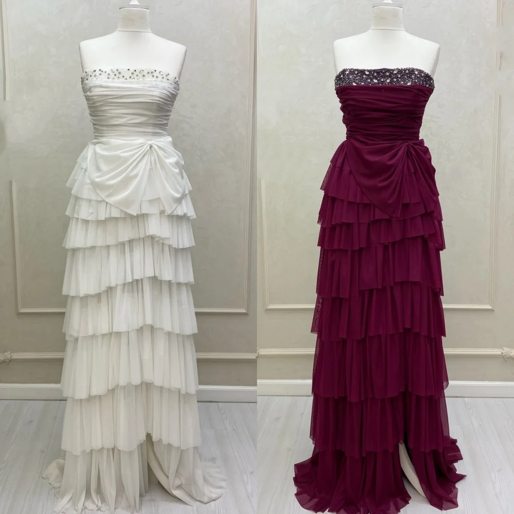 

Customized Elegant Classic Chiffon Tiered Rhinestone Beading Straight Strapless Long Dresses Bespoke Occasion Dresses Retro Sexy