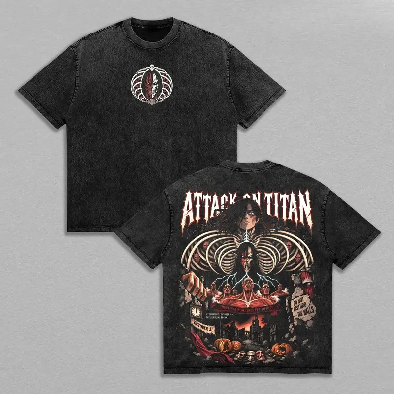 Vintage Washed Attack on Titan Eren Yeager Anime Graphic T-shirt Rumbling Print Oversized Unisex Streetwear Cotton Short Sleeve