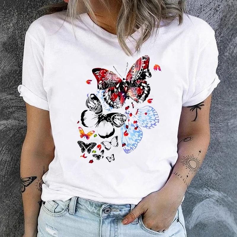 Fashion Foreign Trade Women's Top Dragonfly Women's Base Shirt Half Sleeve White Simple Short Sleeve  Summer polyester fabric