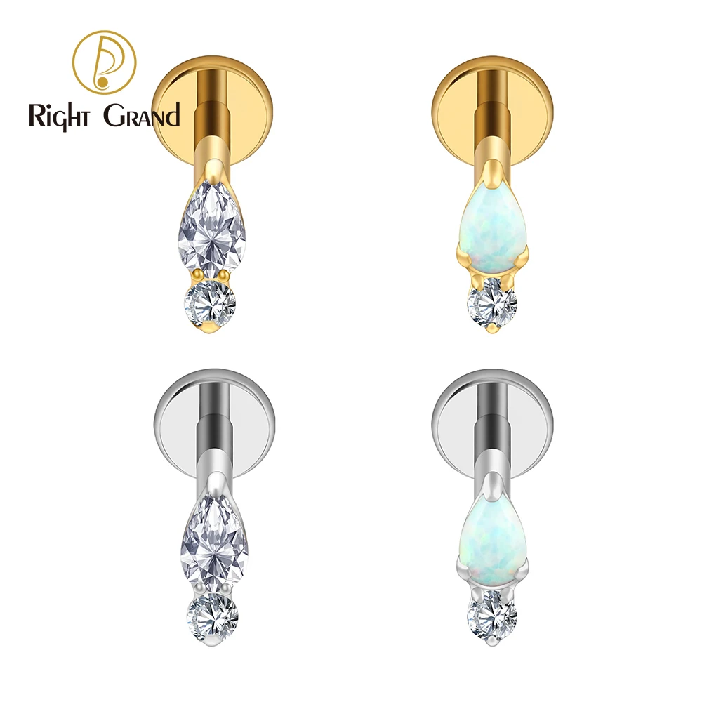 Right Grand Brinco de cartilagem em titânio ASTM F136 com opala em formato de gota e zircônia cúbica redonda pequena de calibre 16G para piercing labret na hélice frontal.