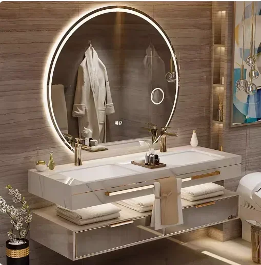 X Light Luxury Solid Wood Stone Plate Seamless Basin Bathroom Cabinet Combination Smart Washbasin Wash Basin Double Basin Bath