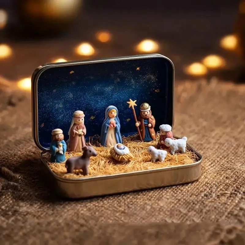 Mini Nativity Scene Set With Portable Tin Box And Handmade Figurines For Christmas Home Decor Holiday Gifts