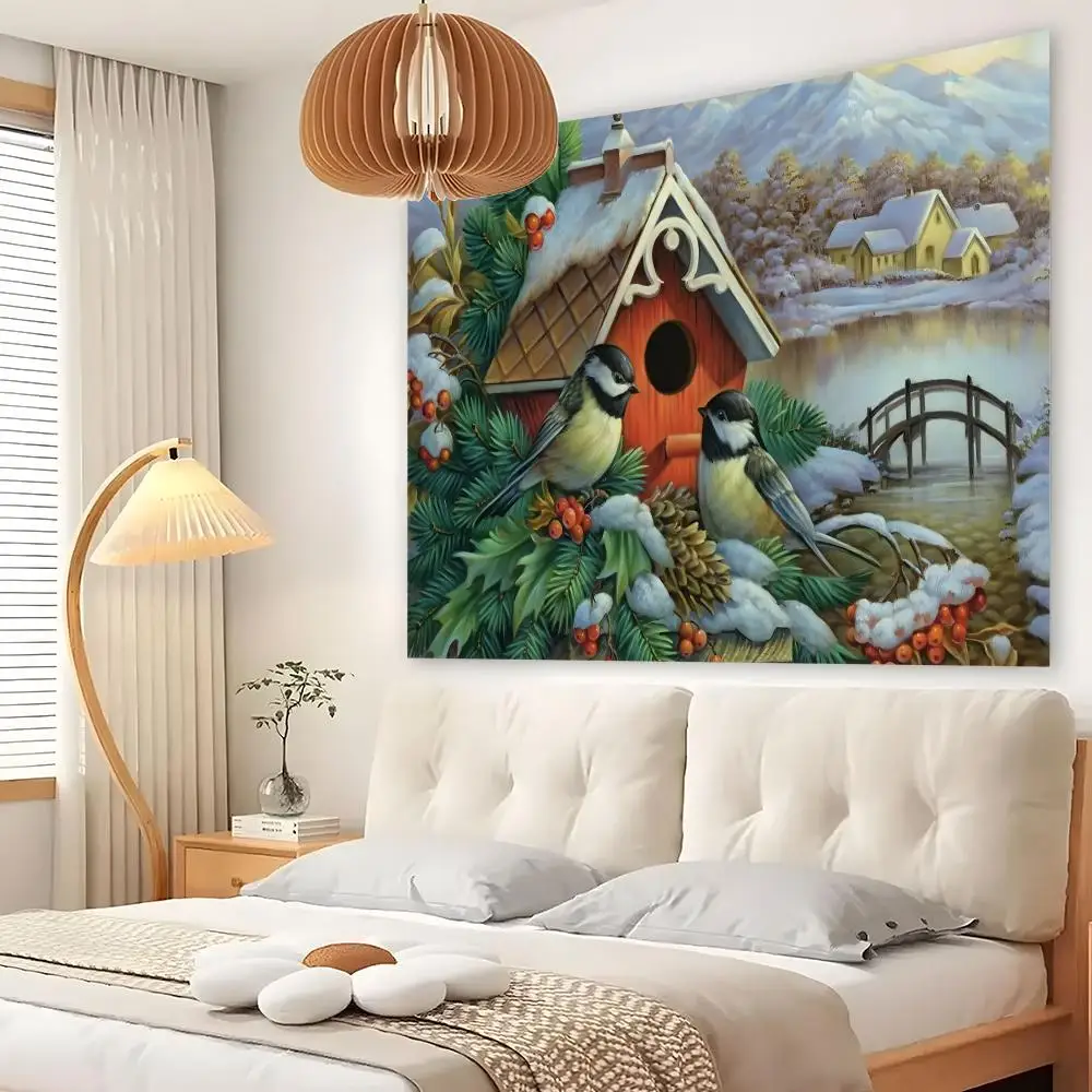 Christmas Birdhouse Tapestry Custom Living Bedroom Party Dormitory Interior Wall Bohemian Decoration Attached Clip